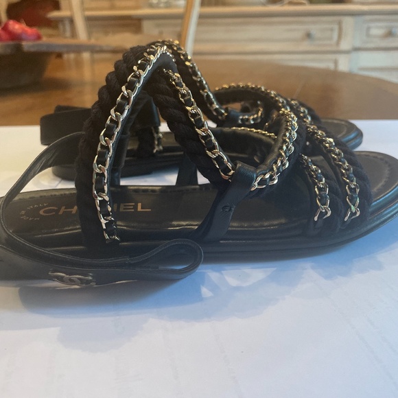 Chanel Black/Gold Leather CC Chain Detail Strappy Sandals  chanel black gold rope sandal size 37